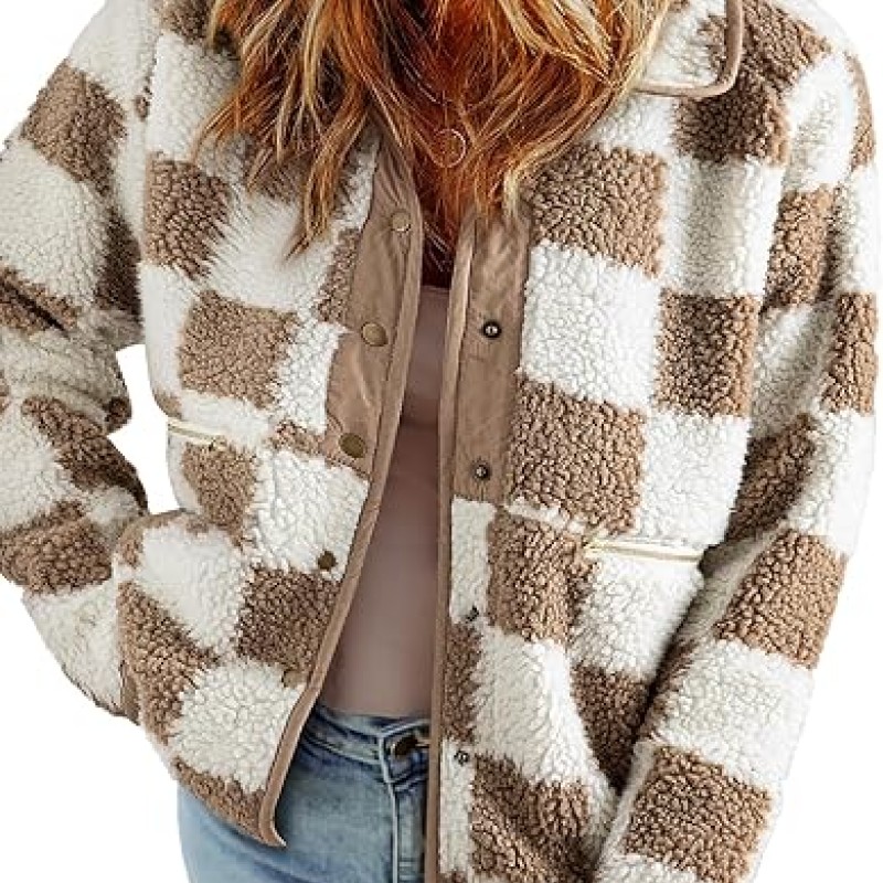 Women Causal Sherpa Fall Jacket Loose Button Down Plaid Winter Coats